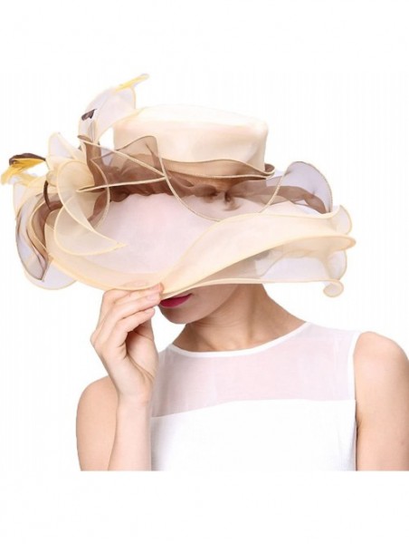 Sun Hats Women Race Hats Organza Hat with Ruffles Feathers - Yellow/Brown - C012EOR2K9P $29.59