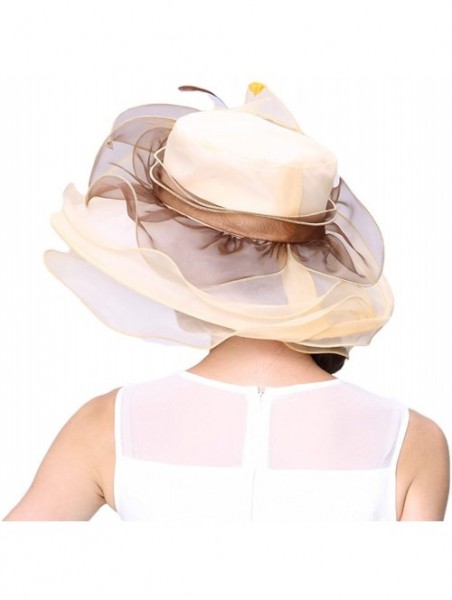 Sun Hats Women Race Hats Organza Hat with Ruffles Feathers - Yellow/Brown - C012EOR2K9P $29.59