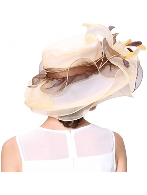 Sun Hats Women Race Hats Organza Hat with Ruffles Feathers - Yellow/Brown - C012EOR2K9P $29.59