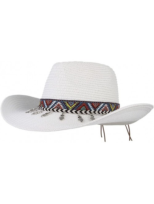 Cowboy Hats Cowboy Hat Western Style Cowboy Straw Hat Shapesble Brim Band & Pendant Decor - White - C818D63KD9N $11.12