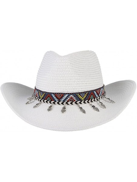 Cowboy Hats Cowboy Hat Western Style Cowboy Straw Hat Shapesble Brim Band & Pendant Decor - White - C818D63KD9N $11.12