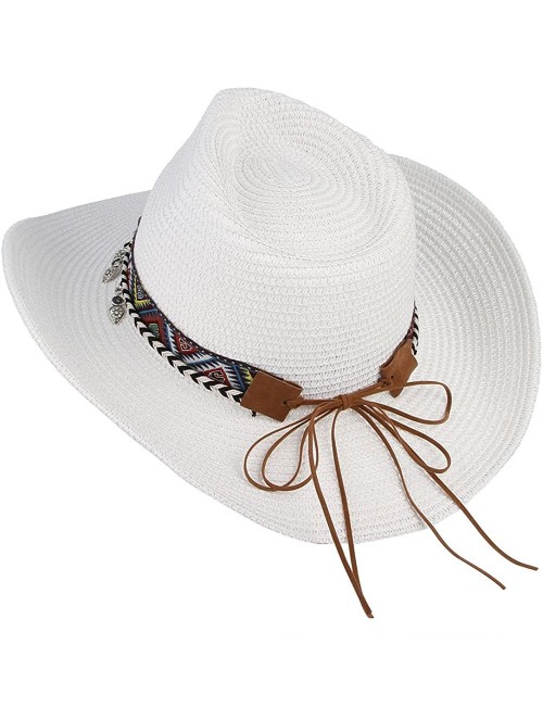 Cowboy Hats Cowboy Hat Western Style Cowboy Straw Hat Shapesble Brim Band & Pendant Decor - White - C818D63KD9N $11.12