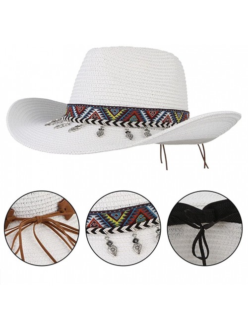 Cowboy Hats Cowboy Hat Western Style Cowboy Straw Hat Shapesble Brim Band & Pendant Decor - White - C818D63KD9N $11.12