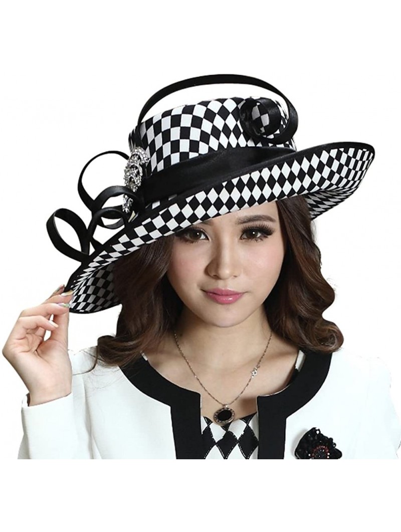 Bucket Hats Ladies Satin Dress Hat Women Church Hat Formal Derby Hats Wide Brim Pattern - Black White Color - CP18DQMLKUT $48.05