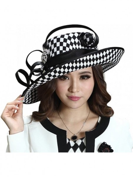 Bucket Hats Ladies Satin Dress Hat Women Church Hat Formal Derby Hats Wide Brim Pattern - Black White Color - CP18DQMLKUT $48.05