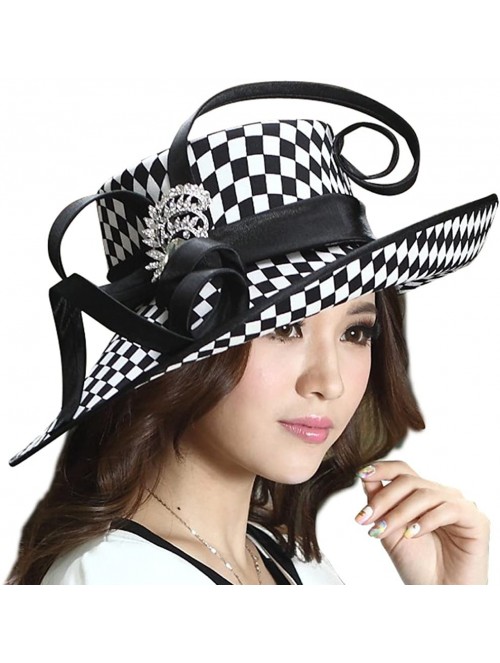 Bucket Hats Ladies Satin Dress Hat Women Church Hat Formal Derby Hats Wide Brim Pattern - Black White Color - CP18DQMLKUT $48.05