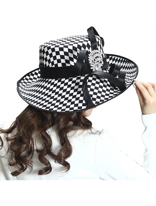 Bucket Hats Ladies Satin Dress Hat Women Church Hat Formal Derby Hats Wide Brim Pattern - Black White Color - CP18DQMLKUT $48.05