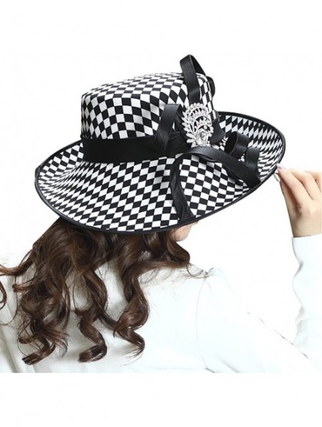 Bucket Hats Ladies Satin Dress Hat Women Church Hat Formal Derby Hats Wide Brim Pattern - Black White Color - CP18DQMLKUT $48.05