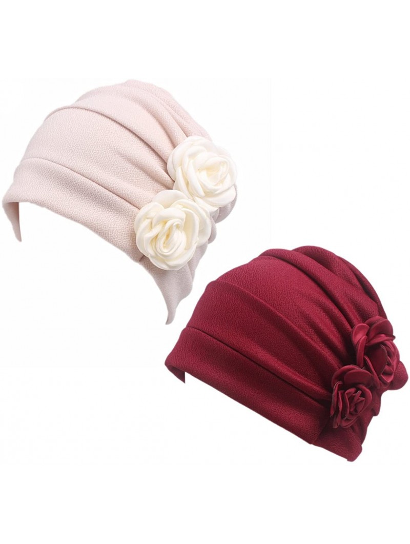 Skullies & Beanies Ruffle Chemo Turban Headband Scarf Beanie Cap Hat for Cancer Patient - Beige+wine - C918GY3L7IM $19.96