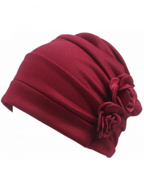 Skullies & Beanies Ruffle Chemo Turban Headband Scarf Beanie Cap Hat for Cancer Patient - Beige+wine - C918GY3L7IM $19.96