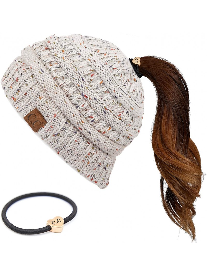 Skullies & Beanies Ribbed Confetti Knit Beanie Tail Hat for Adult Bundle Hair Tie (MB-33) - Oatmeal Ombre (With Ponytail Hold...