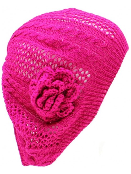 Berets Womens Fashion Lightweight Crochet Cutout Beret Beanie Hat (Fuchsia Cable) - C312BDHT9ON $15.36