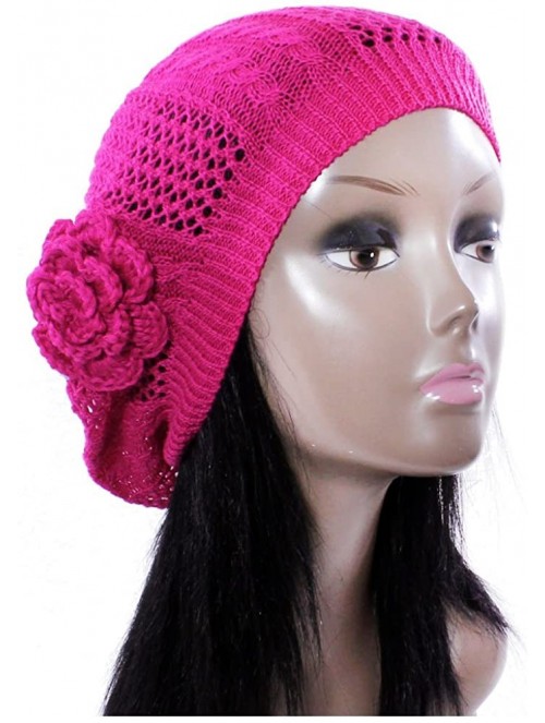 Berets Womens Fashion Lightweight Crochet Cutout Beret Beanie Hat (Fuchsia Cable) - C312BDHT9ON $15.36