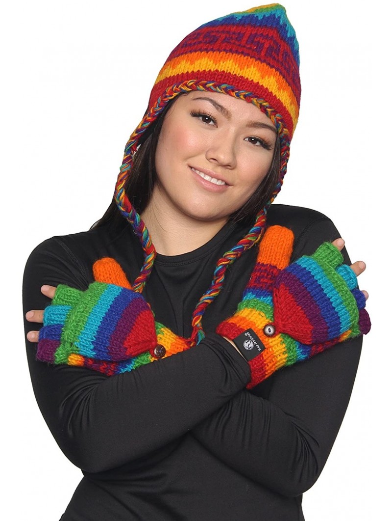 Skullies & Beanies Nepal Hand Knit Ear Flaps Beanie Ski Wool Hat & Glove Mitten Set - Rainbow 1 - C31153HKZGB $26.12