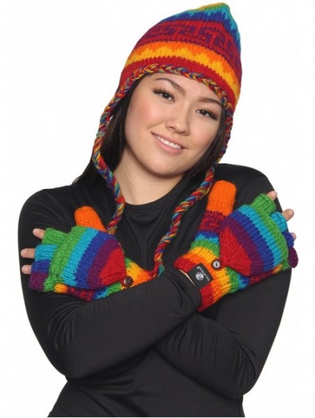 Skullies & Beanies Nepal Hand Knit Ear Flaps Beanie Ski Wool Hat & Glove Mitten Set - Rainbow 1 - C31153HKZGB $26.12