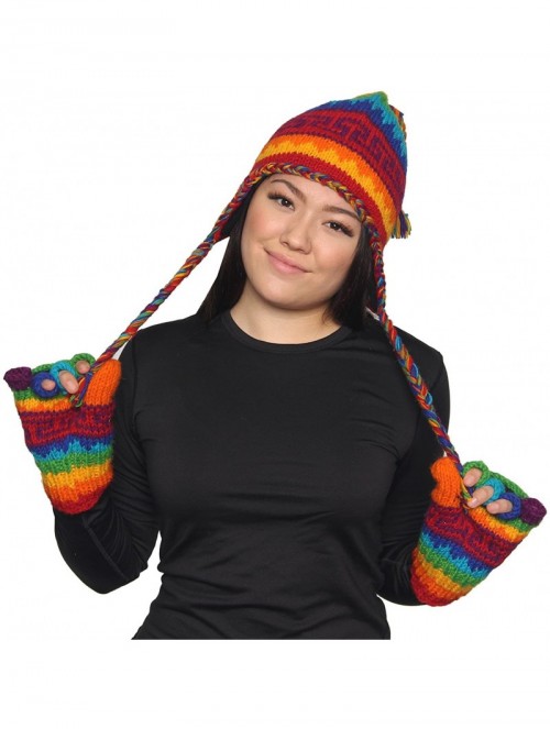 Skullies & Beanies Nepal Hand Knit Ear Flaps Beanie Ski Wool Hat & Glove Mitten Set - Rainbow 1 - C31153HKZGB $26.12