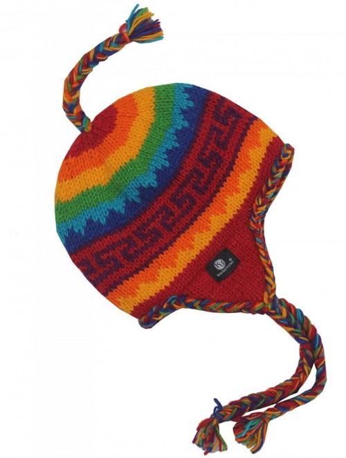 Skullies & Beanies Nepal Hand Knit Ear Flaps Beanie Ski Wool Hat & Glove Mitten Set - Rainbow 1 - C31153HKZGB $26.12