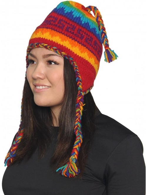 Skullies & Beanies Nepal Hand Knit Ear Flaps Beanie Ski Wool Hat & Glove Mitten Set - Rainbow 1 - C31153HKZGB $26.12