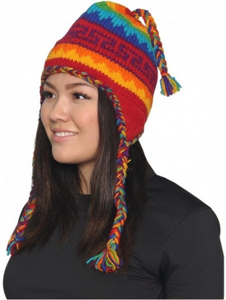 Skullies & Beanies Nepal Hand Knit Ear Flaps Beanie Ski Wool Hat & Glove Mitten Set - Rainbow 1 - C31153HKZGB $26.12