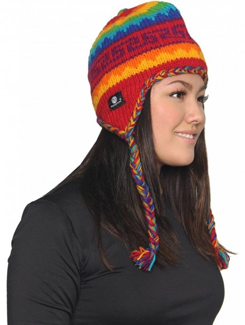 Skullies & Beanies Nepal Hand Knit Ear Flaps Beanie Ski Wool Hat & Glove Mitten Set - Rainbow 1 - C31153HKZGB $26.12