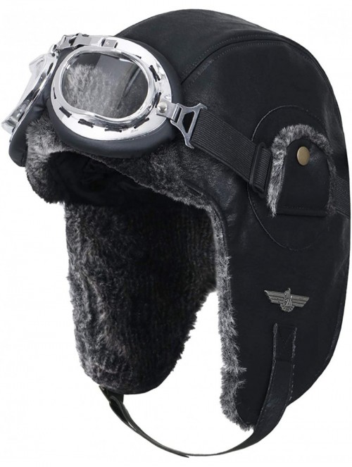 Bomber Hats Howels Faux Leather Aviator Trapper Trooper Faux Fur Ear Flaps Hat - Black/Silver - CV188KOGONO $60.57