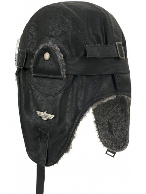 Bomber Hats Howels Faux Leather Aviator Trapper Trooper Faux Fur Ear Flaps Hat - Black/Silver - CV188KOGONO $60.57