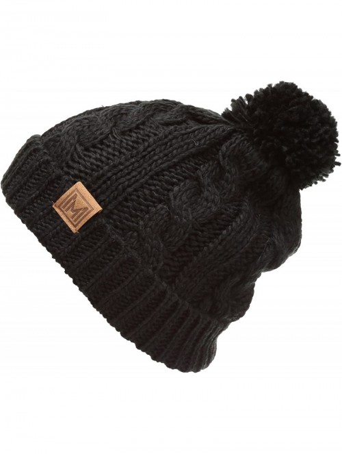 Skullies & Beanies Winter Oversized Cable Knitted Pom Pom Beanie Hat with Fleece Lining. - Black - CA186MIURIH $9.95