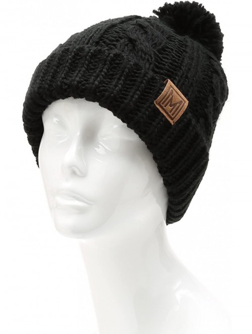 Skullies & Beanies Winter Oversized Cable Knitted Pom Pom Beanie Hat with Fleece Lining. - Black - CA186MIURIH $9.95