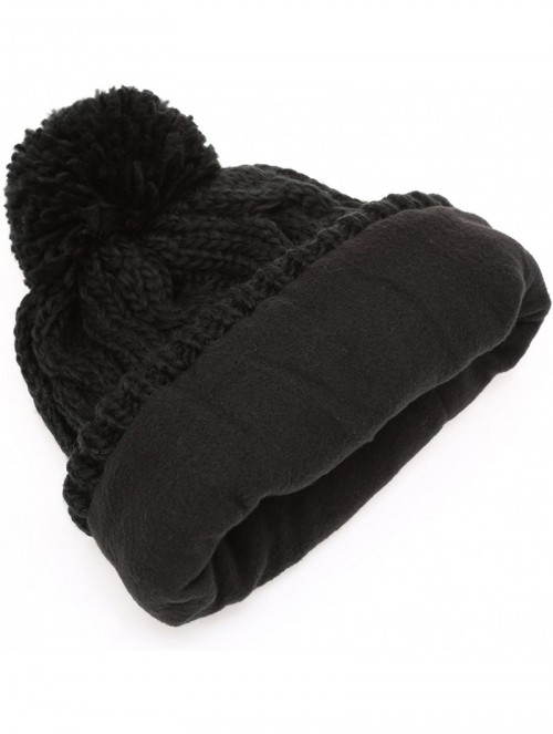 Skullies & Beanies Winter Oversized Cable Knitted Pom Pom Beanie Hat with Fleece Lining. - Black - CA186MIURIH $9.95