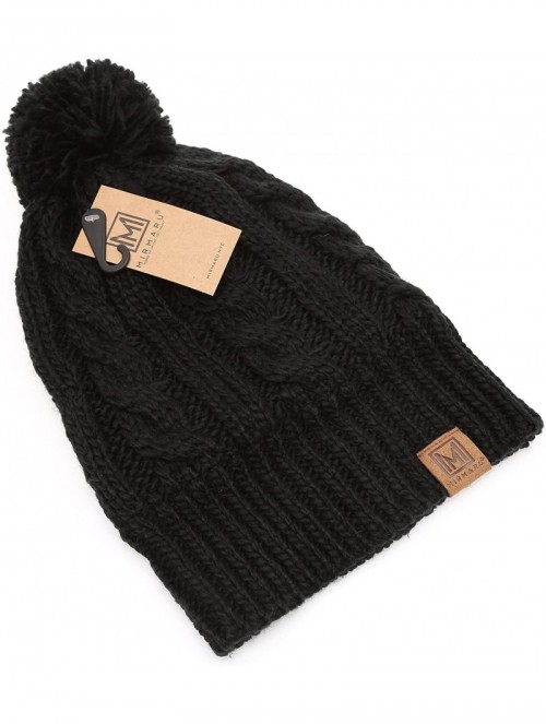 Skullies & Beanies Winter Oversized Cable Knitted Pom Pom Beanie Hat with Fleece Lining. - Black - CA186MIURIH $9.95