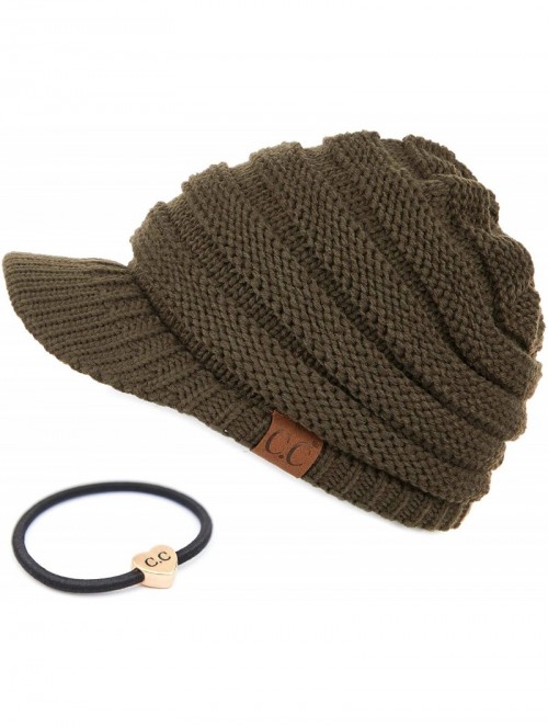 Skullies & Beanies Hatsandscarf Exclusives Women's Ribbed Knit Hat with Brim (YJ-131) - New Olive With Ponytail Holder - CK18...