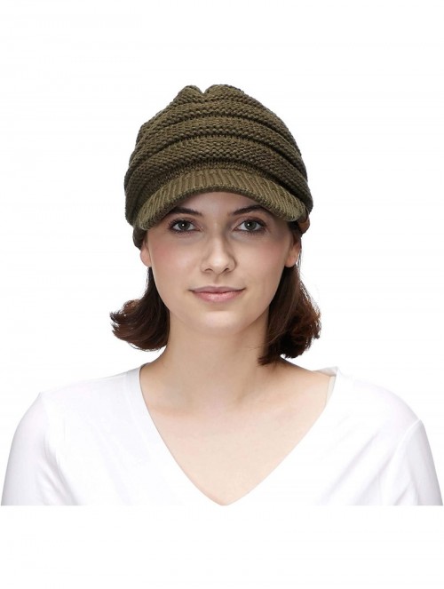 Skullies & Beanies Hatsandscarf Exclusives Women's Ribbed Knit Hat with Brim (YJ-131) - New Olive With Ponytail Holder - CK18...