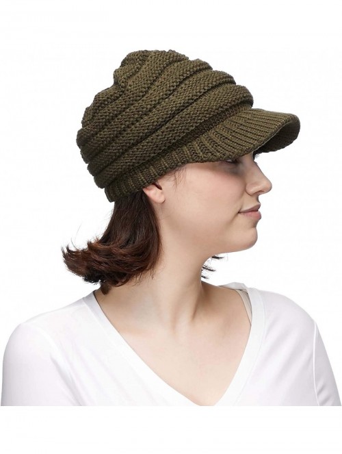 Skullies & Beanies Hatsandscarf Exclusives Women's Ribbed Knit Hat with Brim (YJ-131) - New Olive With Ponytail Holder - CK18...