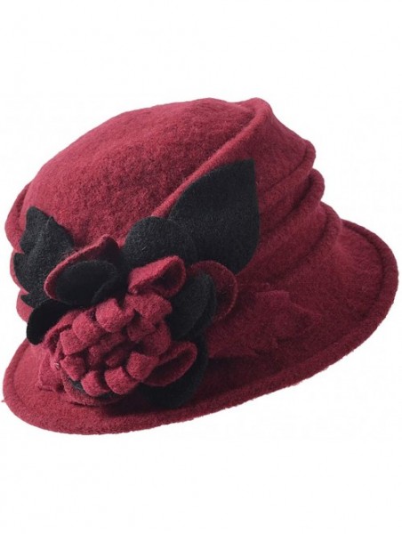 Bucket Hats Women Floral Wool Cloche Winter Hat - Claret - C218IEQEU5L $17.81