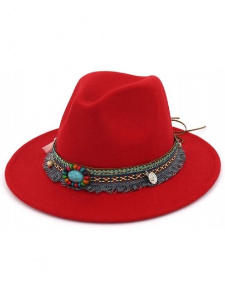 Fedoras Men Women Vintage Felt Fedora Hat Wide Brim Panama Hats with Buckle - Red - CN18ST0856Y $19.27