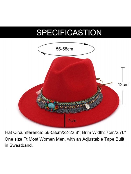 Fedoras Men Women Vintage Felt Fedora Hat Wide Brim Panama Hats with Buckle - Red - CN18ST0856Y $19.27