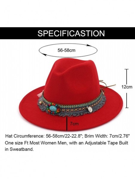 Fedoras Men Women Vintage Felt Fedora Hat Wide Brim Panama Hats with Buckle - Red - CN18ST0856Y $19.27