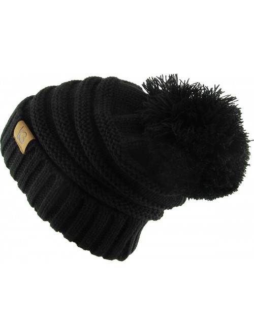 Skullies & Beanies Women's Winter Warm Thick Oversize Cable Knitted Beaine Hat with Pom Pom - (7026) Black - CQ18H4GRR5M $17.85