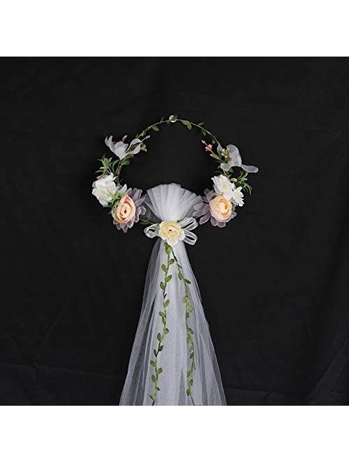 Headbands Flower Wreath Headband Crown Floral Garland Boho for Festival Wedding with Veil - G - CT197CECXON $16.23