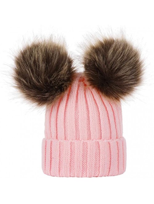 Skullies & Beanies Winter Warm Hats Cable Knit Beanie with Faux Fur Pompom Ears Knit Crochet Cap for Mom and Baby - Baby-pink...