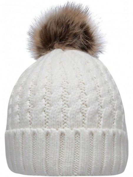 Skullies & Beanies Women's Winter Ribbed Knit Faux Fur Pompoms Chunky Lined Beanie Hats - Rope White - CT184RQM6TQ $15.46