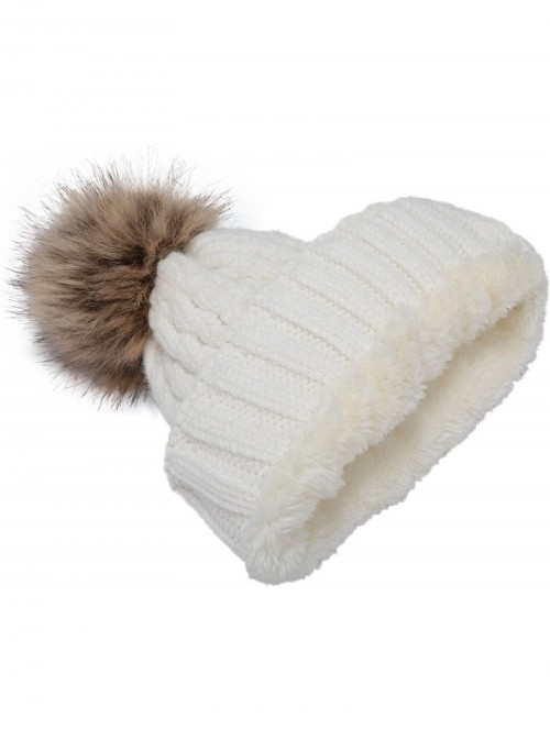 Skullies & Beanies Women's Winter Ribbed Knit Faux Fur Pompoms Chunky Lined Beanie Hats - Rope White - CT184RQM6TQ $15.46