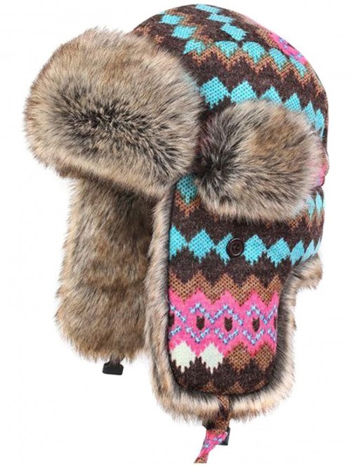 Bomber Hats Knitted Russian Women Winter Aviator Trapper Hat with Faux Fur Lining Hat - Color D - CS12OCBPR7Z $24.53