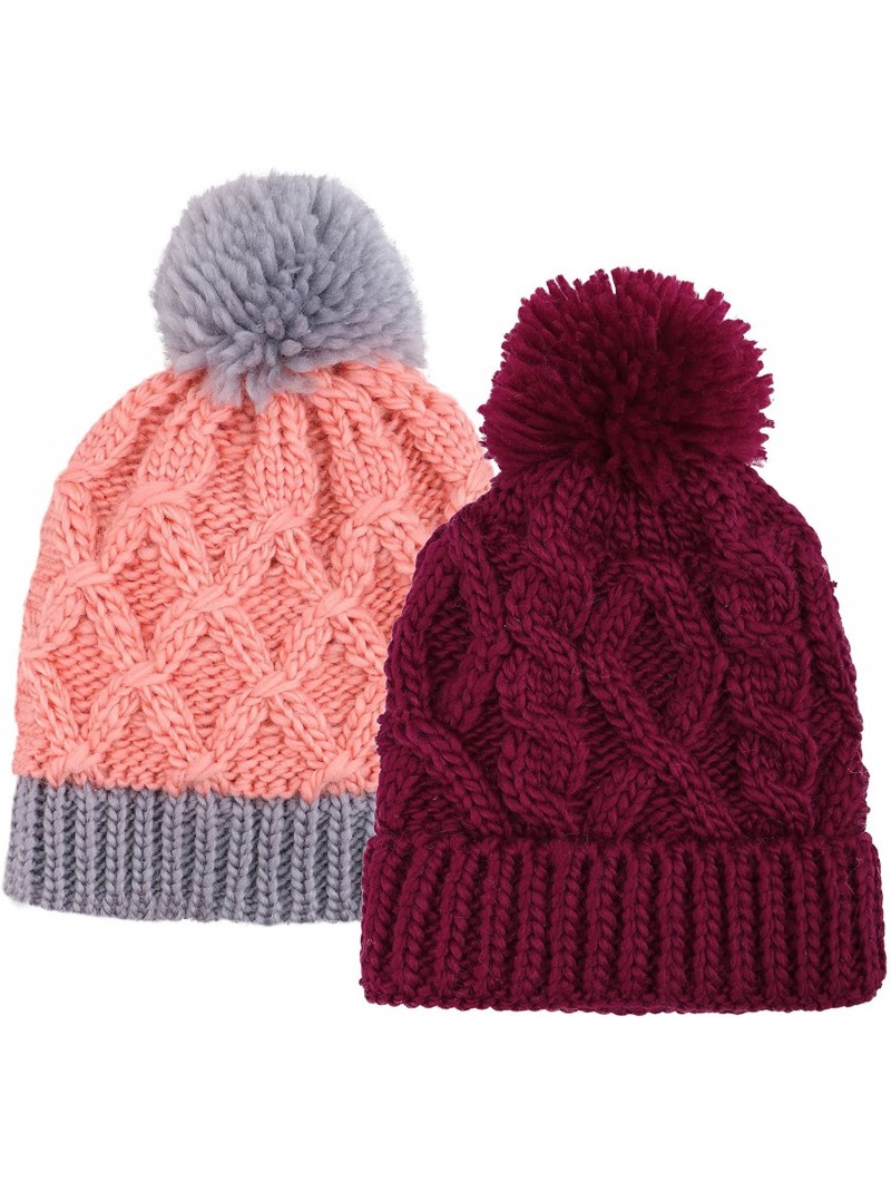 Skullies & Beanies Kids and Toddlers' Chunky Cable Knit Beanie with Yarn Pompom Set of 2 - Burgundy+pink - CI18626DANG $17.40