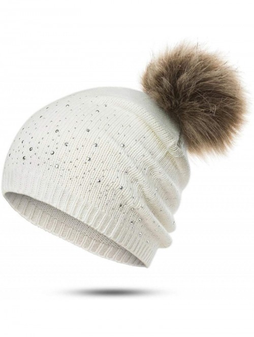 Skullies & Beanies Women's Winter Beanies Hat Knit Beanie Hat Pompom Female Rhinestone Skullies Hat - White - CC18A2HLK38 $27.00