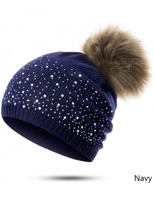 Skullies & Beanies Women's Winter Beanies Hat Knit Beanie Hat Pompom Female Rhinestone Skullies Hat - White - CC18A2HLK38 $27.00