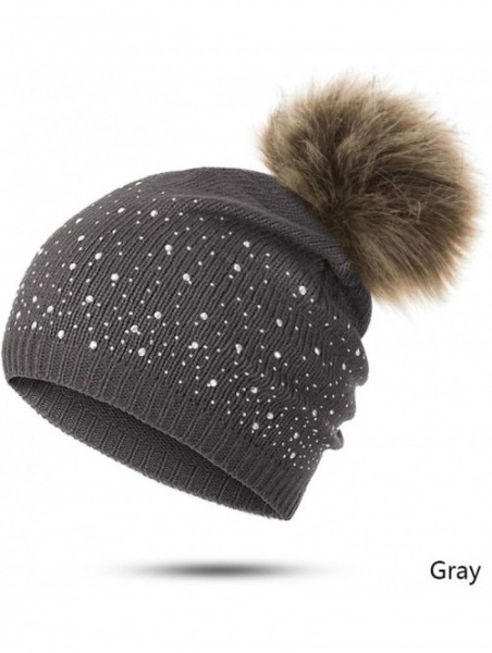 Skullies & Beanies Women's Winter Beanies Hat Knit Beanie Hat Pompom Female Rhinestone Skullies Hat - White - CC18A2HLK38 $27.00