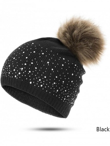 Skullies & Beanies Women's Winter Beanies Hat Knit Beanie Hat Pompom Female Rhinestone Skullies Hat - White - CC18A2HLK38 $27.00