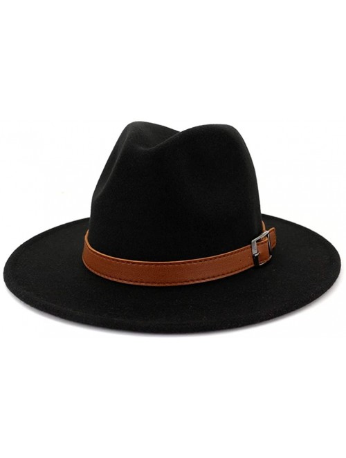 Fedoras Women Wide Brim Wool Fedora Panama Hat with Belt Buckle - X-black - CZ18XRX7O7O $19.58