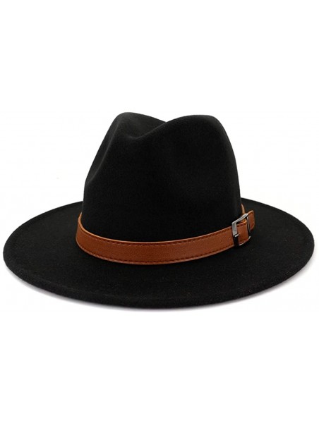 Fedoras Women Wide Brim Wool Fedora Panama Hat with Belt Buckle - X-black - CZ18XRX7O7O $19.58